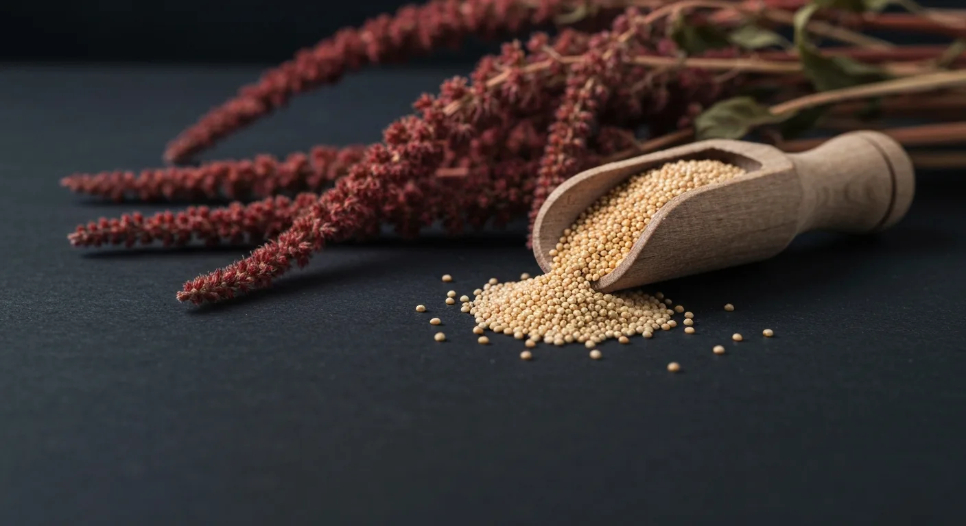 Amaranth grains spilling from a wooden scoop with amaranth plant flowers