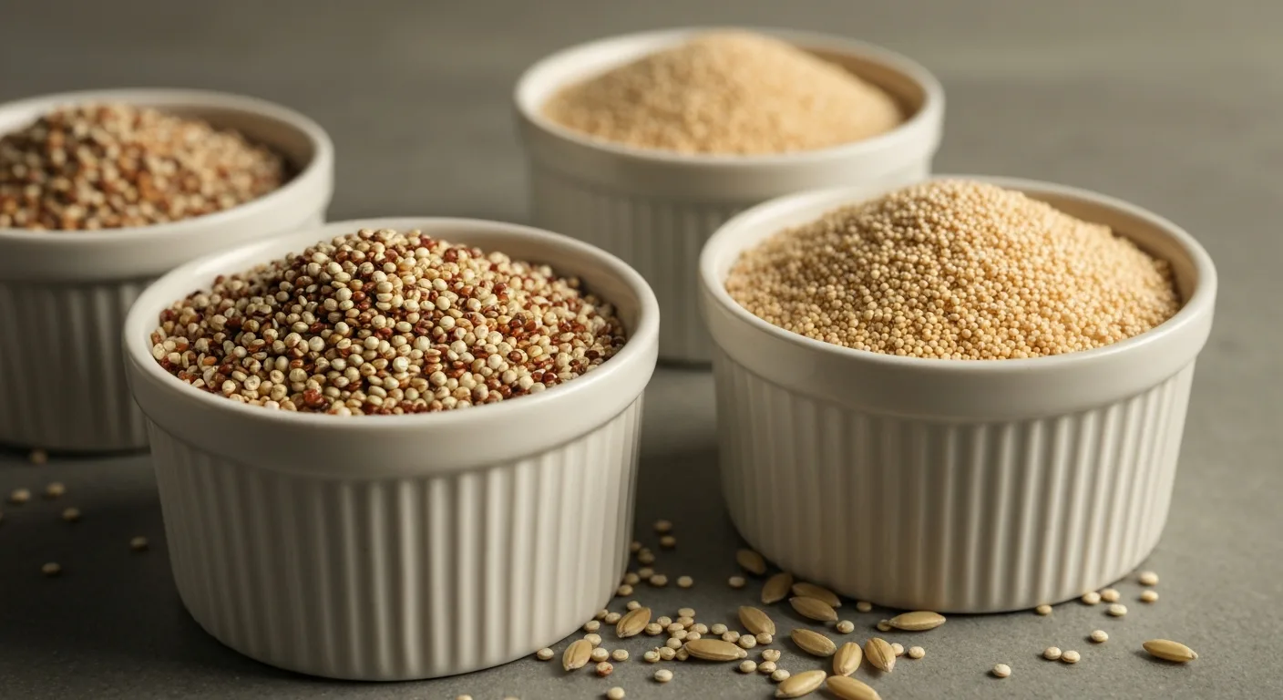 High-protein ancient grains quinoa and amaranth with protein content labels