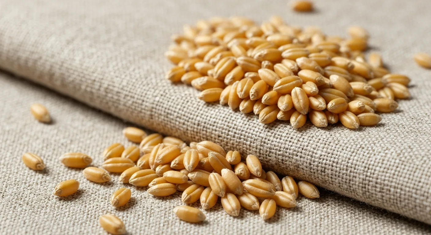 Einkorn wheat berries showing their small, golden appearance with the hull still attached