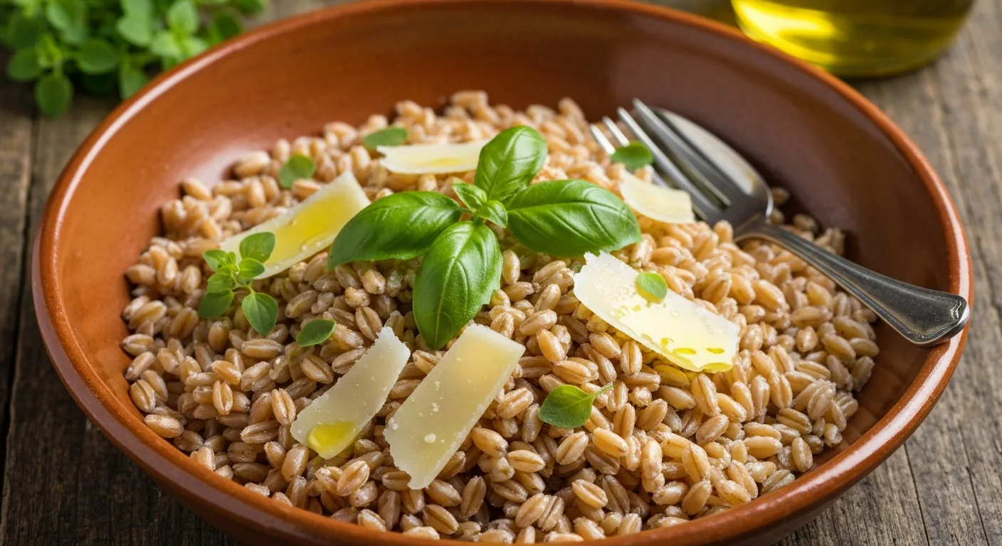 Cooked farro grains in a rustic Italian ceramic dish