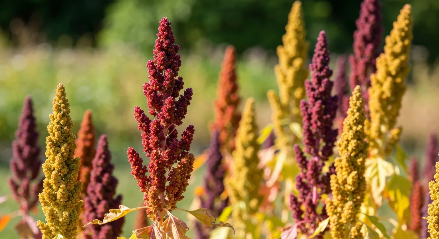 Mature quinoa plants with colorful seed heads ready for harvest in a home garden