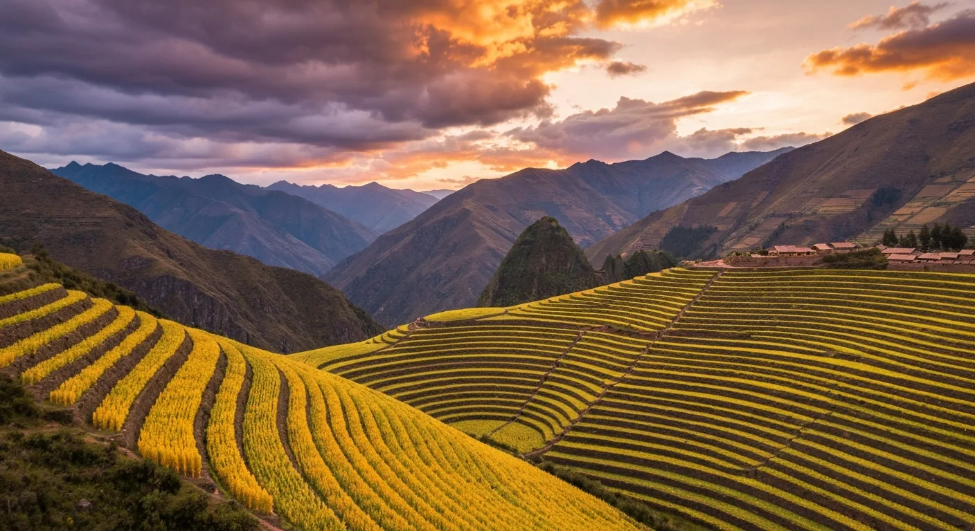 Quinoa plants growing in the Andean highlands with ancient terraces in the background