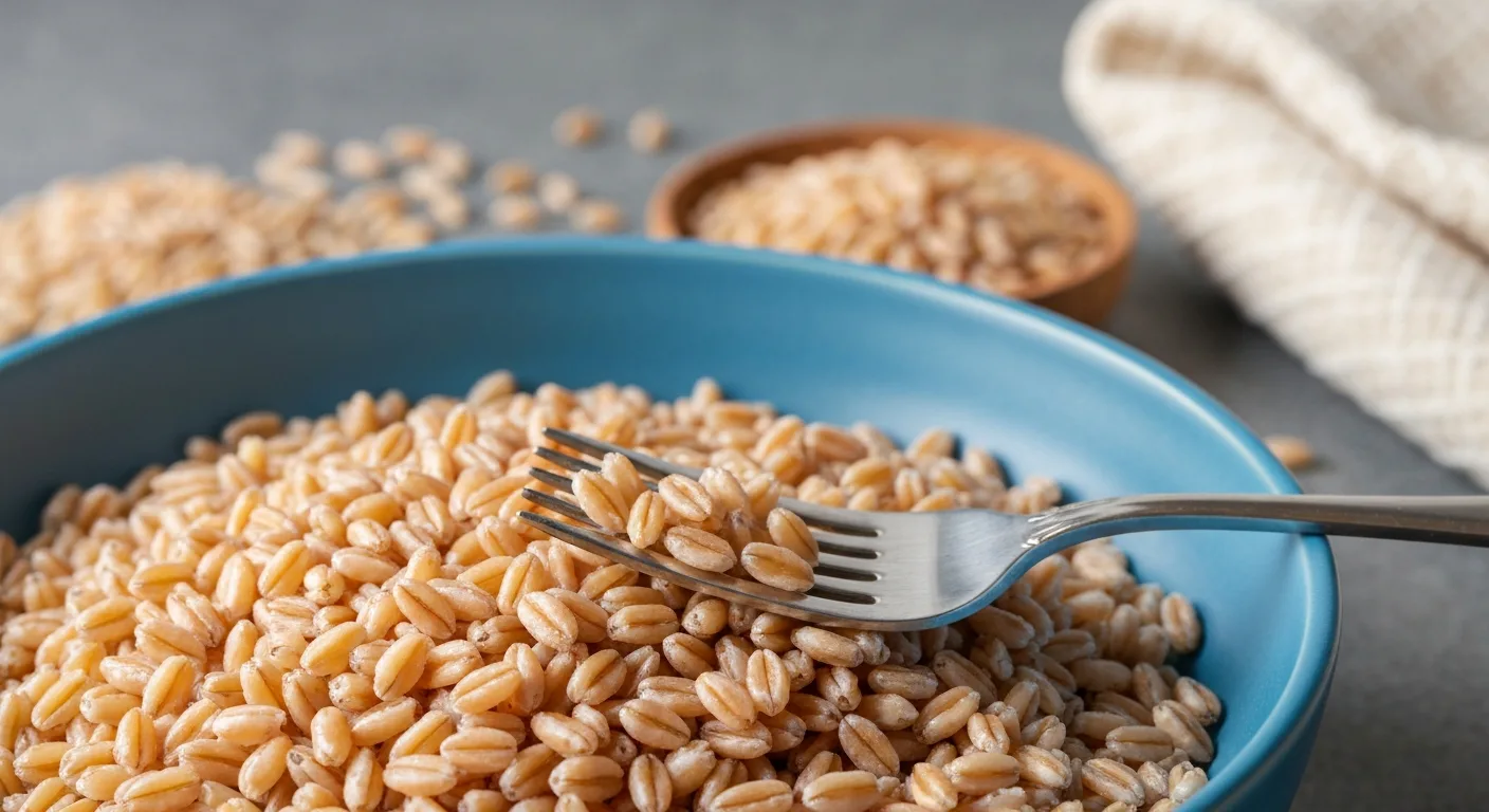 Cooked farro grains in a ceramic bowl showing the chewy texture
