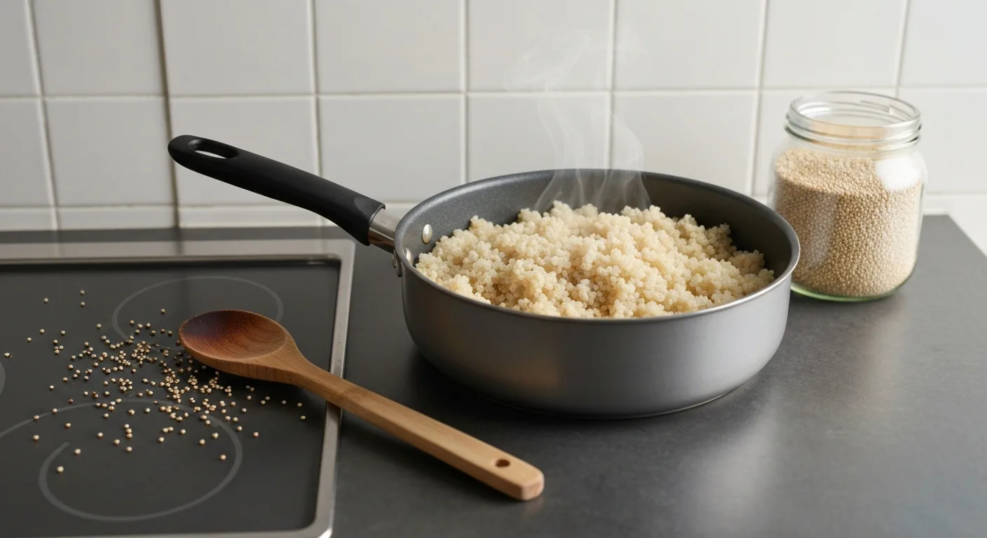 Fluffy cooked quinoa in a pot with a wooden spoon