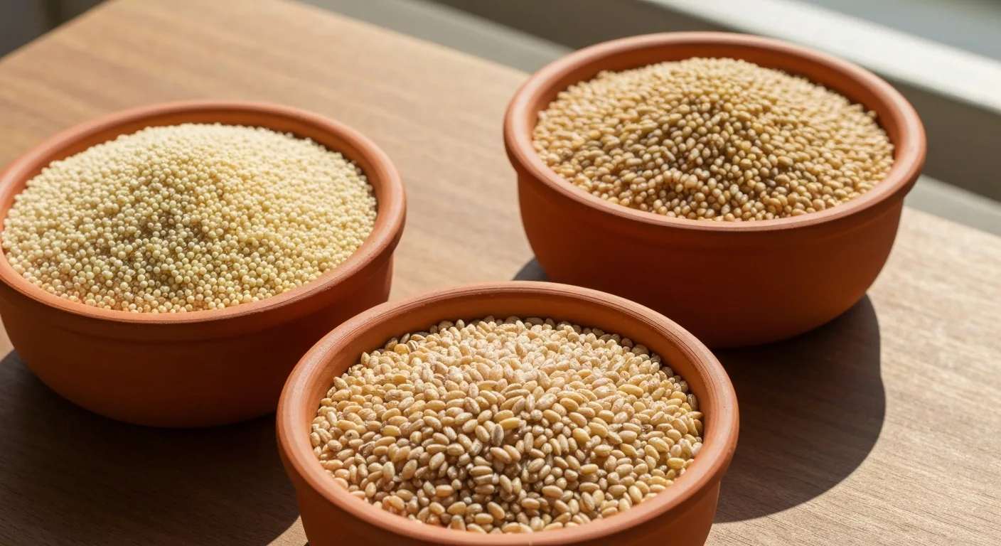 Pearl millet, finger millet, and foxtail millet varieties in separate bowls