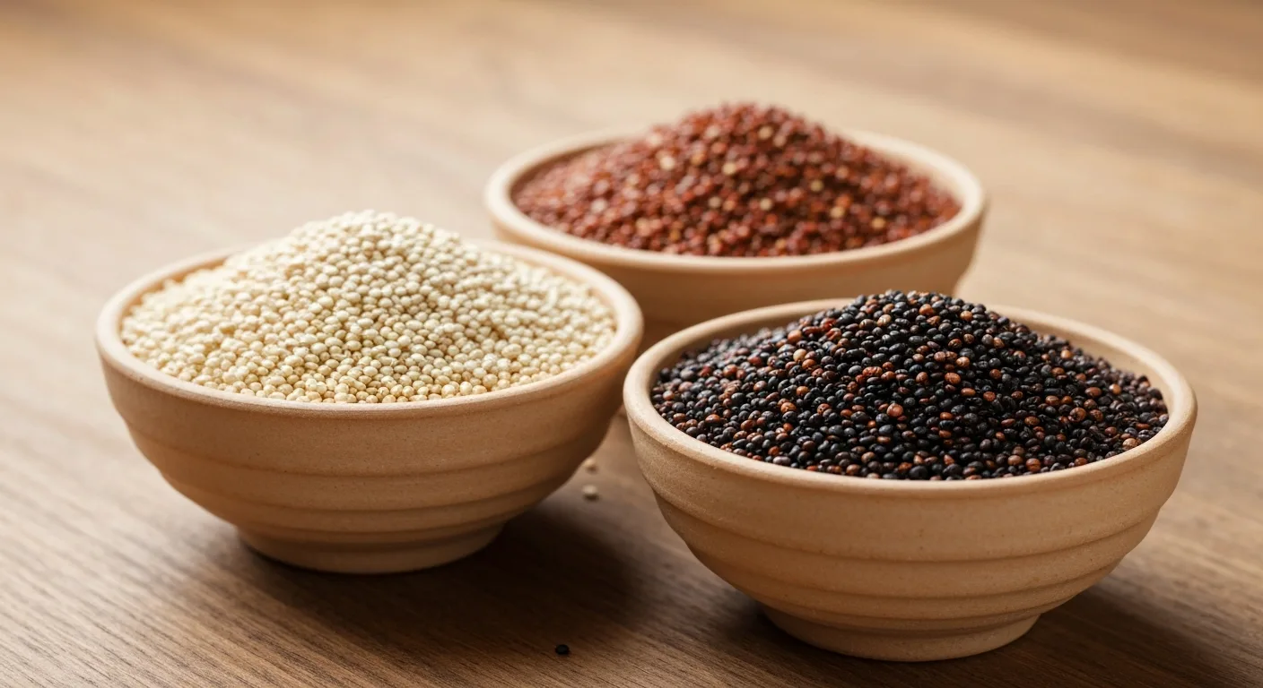 Three varieties of quinoa — white, red, and black — displayed in ceramic bowls