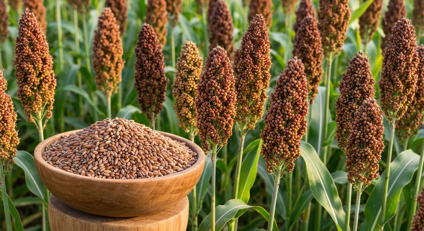 Sorghum grains and sorghum plants with seed heads in a field