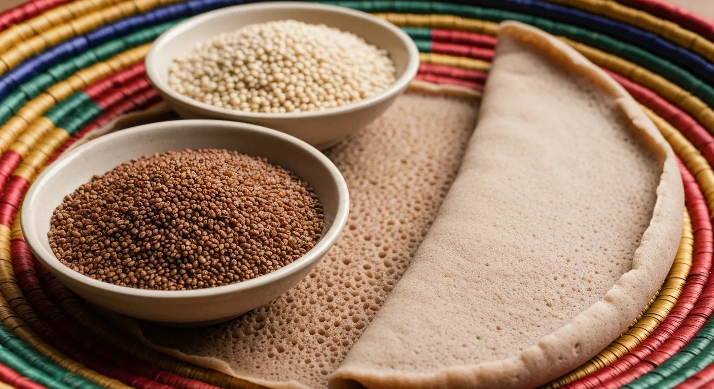 Teff grains in brown and ivory varieties next to Ethiopian injera bread